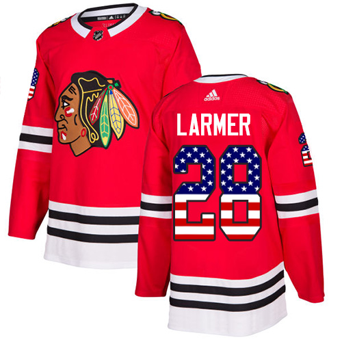 Adidas Blackhawks #28 Steve Larmer Red Home Authentic USA Flag Stitched NHL Jersey